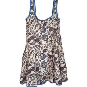 Rachel Zoe Blue Floral Linen Blend Mini Dress Size 14 Smocked Back Fit Flare